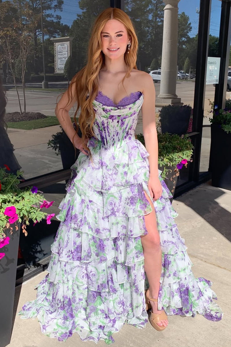 Cute A Line Sweetheart Pink Floral Chiffon Tiered Prom Dress