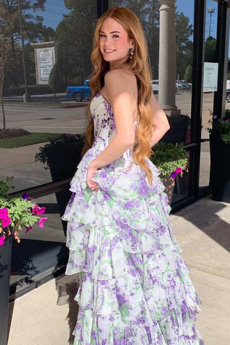 Cute A Line Sweetheart Pink Floral Chiffon Tiered Prom Dress