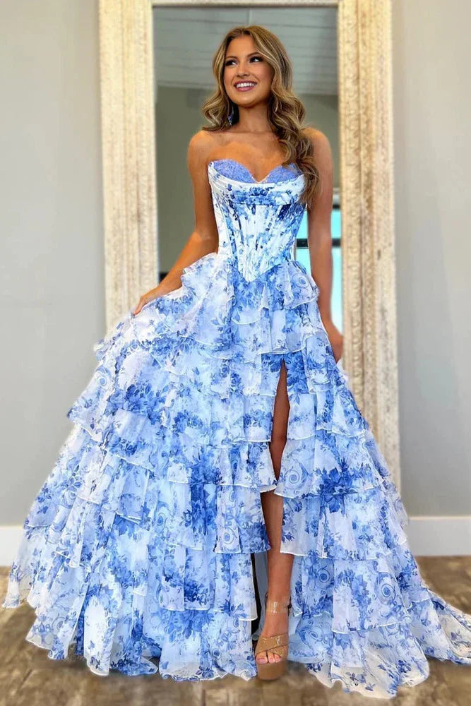 Cute A Line Sweetheart Pink Floral Chiffon Tiered Prom Dress