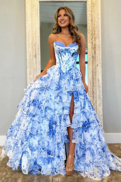 Cute A Line Sweetheart Pink Floral Chiffon Tiered Prom Dress