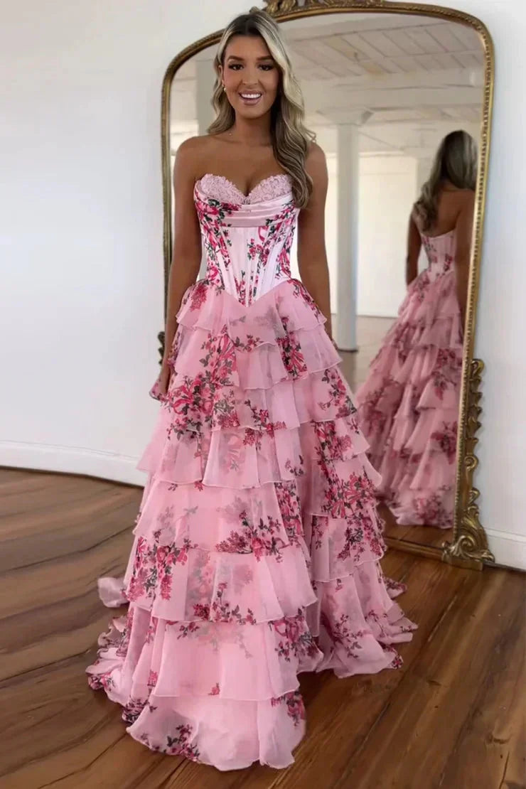 Cute A Line Sweetheart Pink Floral Chiffon Tiered Prom Dress