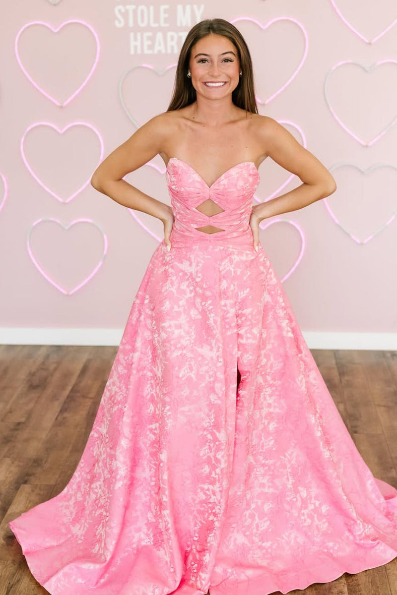 Cute A Line Sweetheart Pink Jacquard Satin Long Prom Dress with Slit