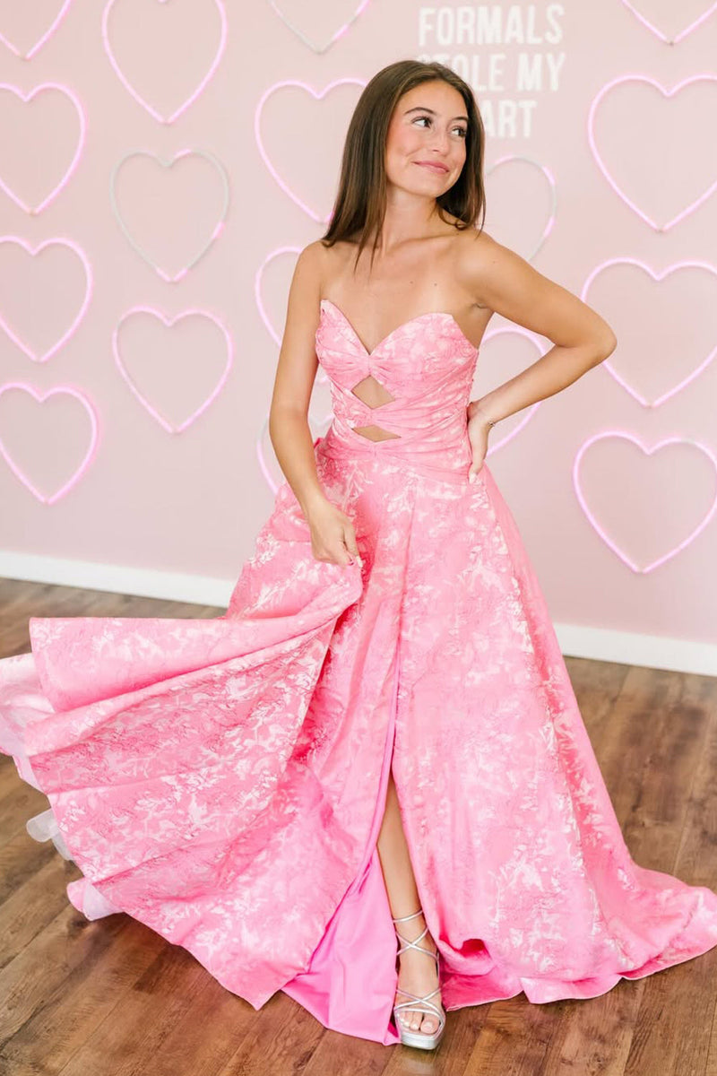 Cute A Line Sweetheart Pink Jacquard Satin Long Prom Dress with Slit