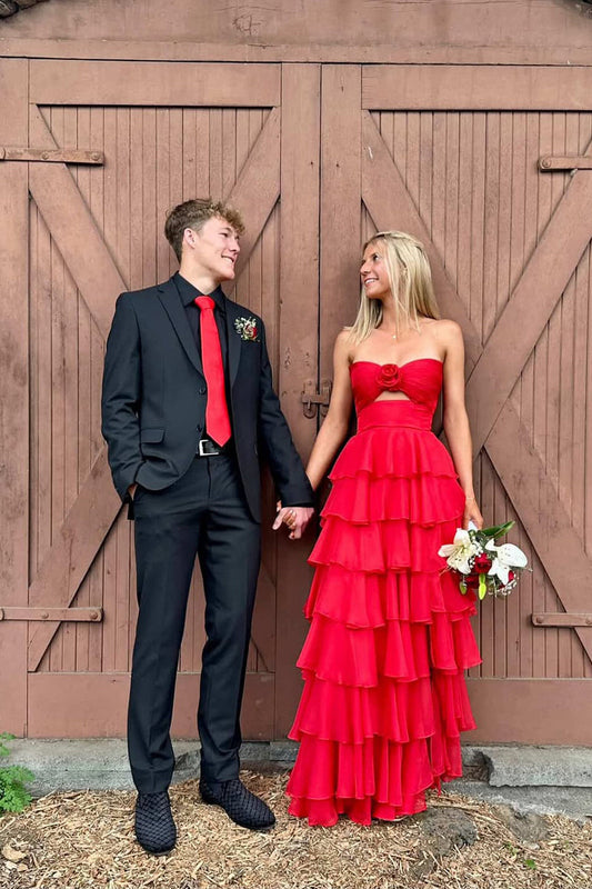 Cute A Line Sweetheart Red Chiffon Long Prom Dress