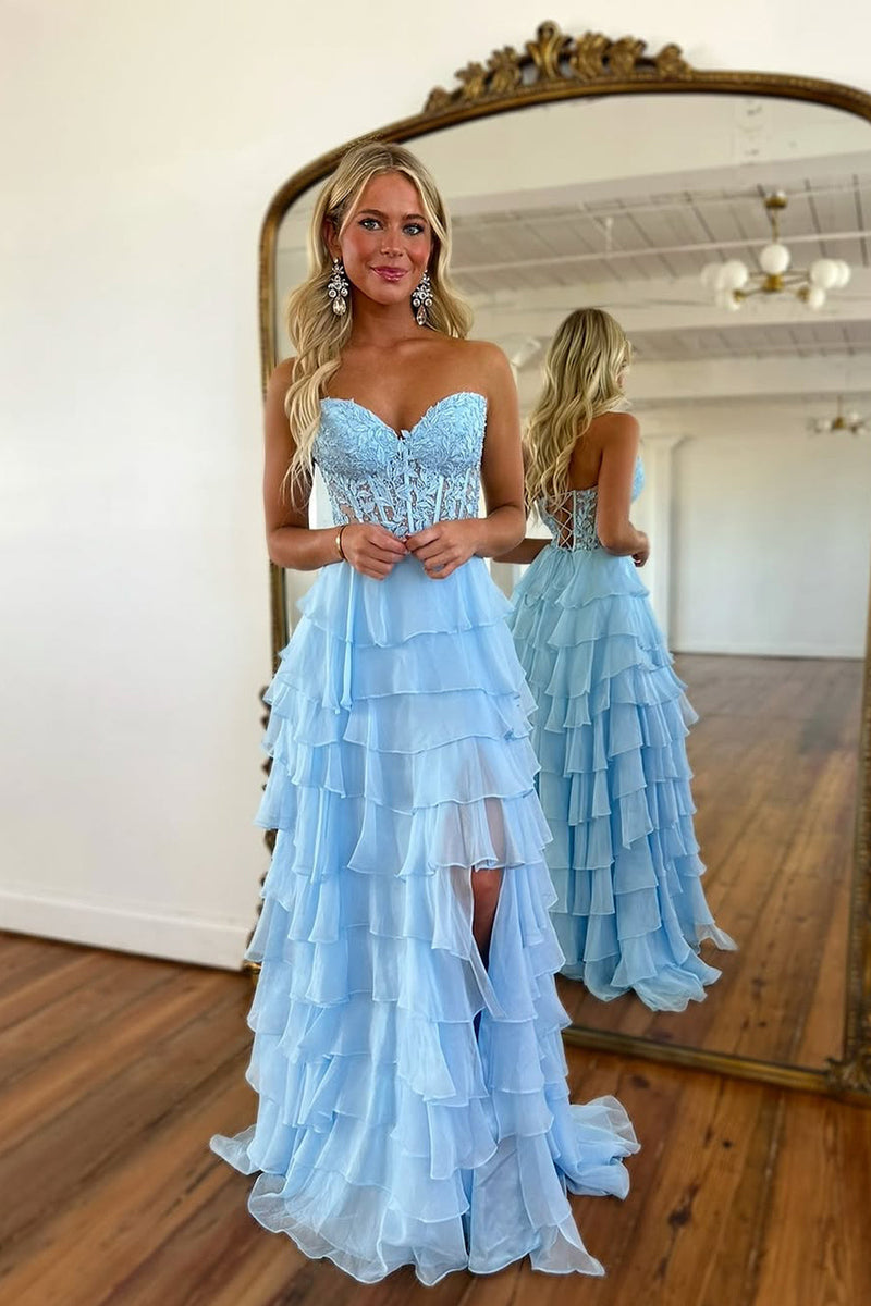 Cute A Line Sweetheart Tiered Chiffon Long Prom Dress with Slit