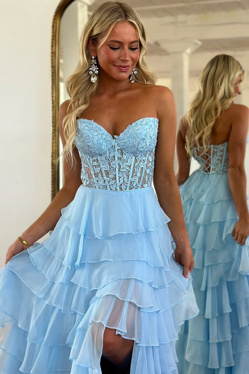 Cute A Line Sweetheart Tiered Chiffon Long Prom Dress with Slit