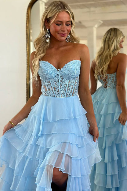 Cute A Line Sweetheart Tiered Chiffon Long Prom Dress with Slit