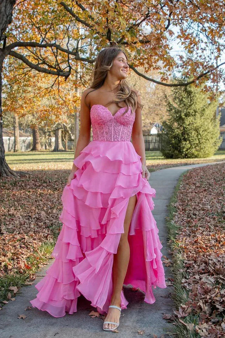 Cute A Line Sweetheart Tiered Chiffon Long Prom Dress with Slit