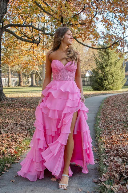 Cute A Line Sweetheart Tiered Chiffon Long Prom Dress with Slit