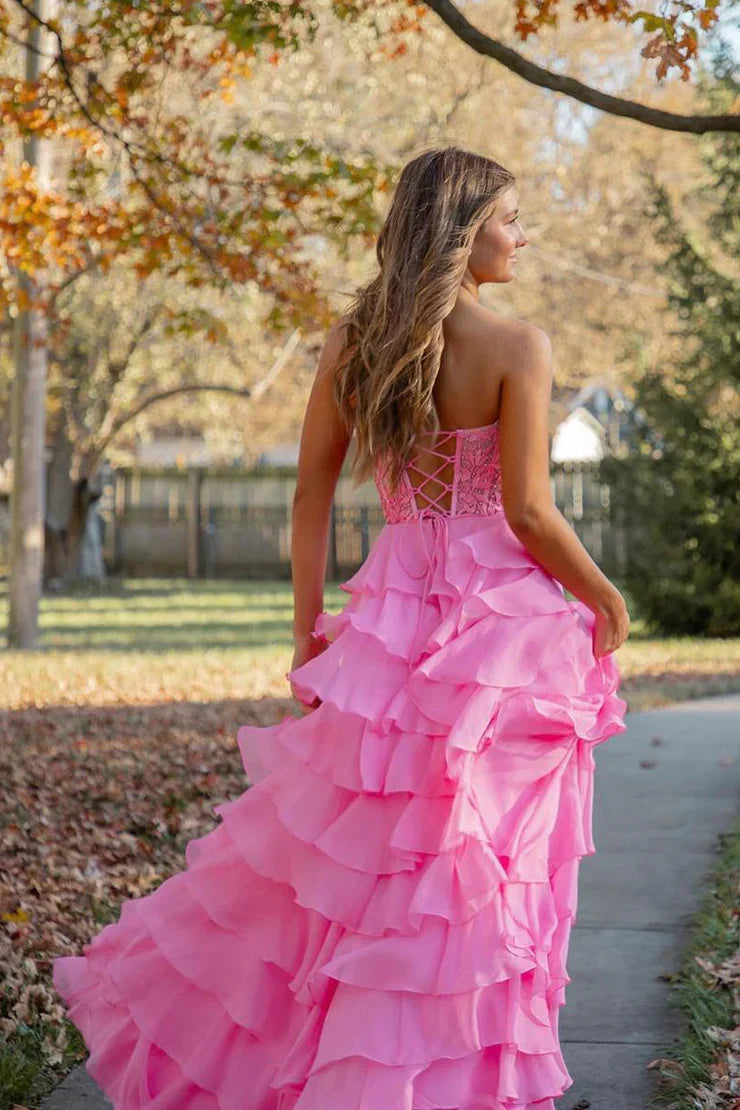 Cute A Line Sweetheart Tiered Chiffon Long Prom Dress with Slit