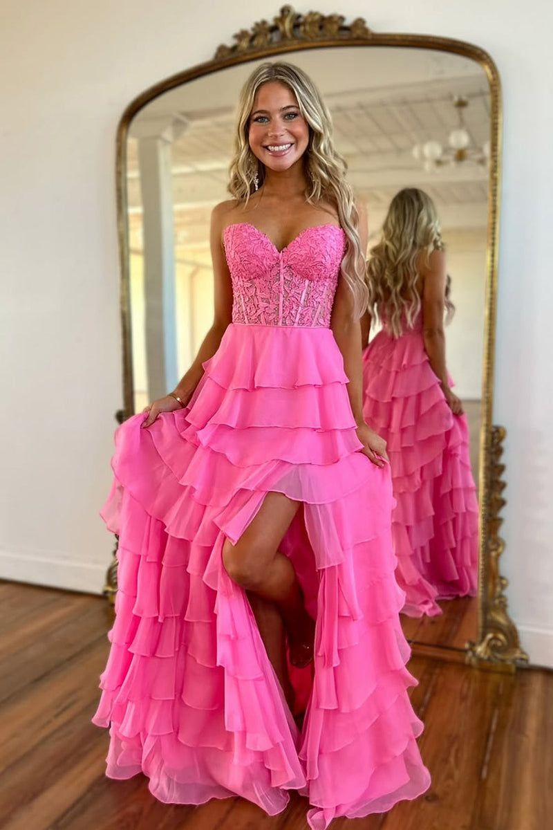 Cute A Line Sweetheart Tiered Chiffon Long Prom Dress with Slit