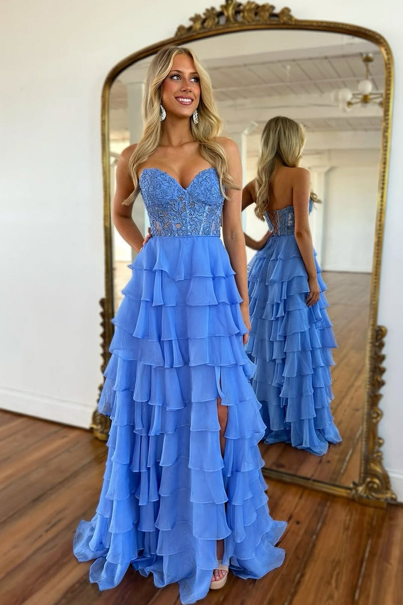 Cute A Line Sweetheart Tiered Chiffon Long Prom Dress with Slit