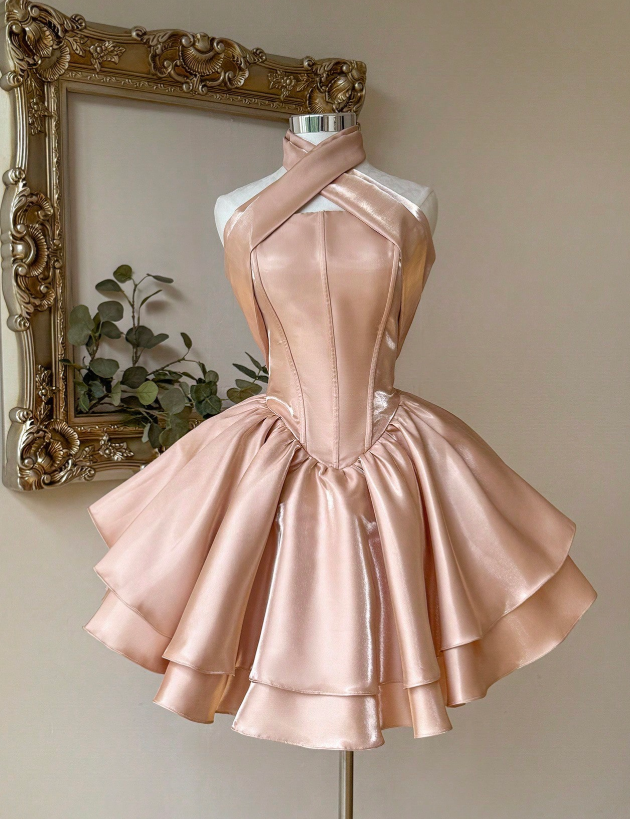 Cute Halter Ball Gown Peach Homecoming Dresses Sleeveless Birthday Dresses Satin Party Dresses