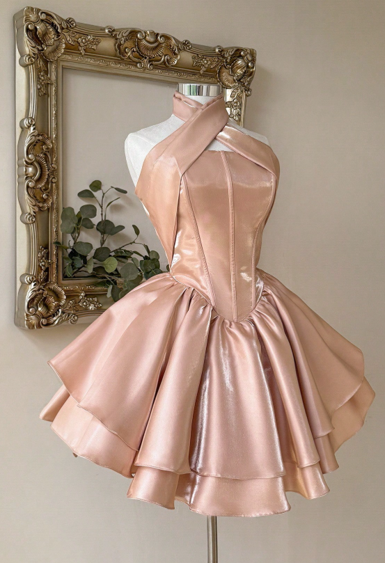 Cute Halter Ball Gown Peach Homecoming Dresses Sleeveless Birthday Dresses Satin Party Dresses