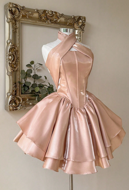 Cute Halter Ball Gown Peach Homecoming Dresses Sleeveless Birthday Dresses Satin Party Dresses
