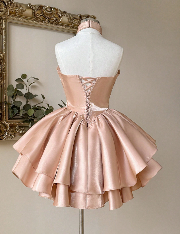 Cute Halter Ball Gown Peach Homecoming Dresses Sleeveless Birthday Dresses Satin Party Dresses
