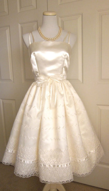 Cute Ivory Strappy Satin Lace Trim A-line Birthday Dress Homecoming Dress