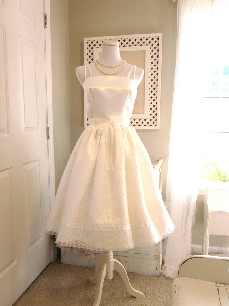 Cute Ivory Strappy Satin Lace Trim A-line Birthday Dress Homecoming Dress