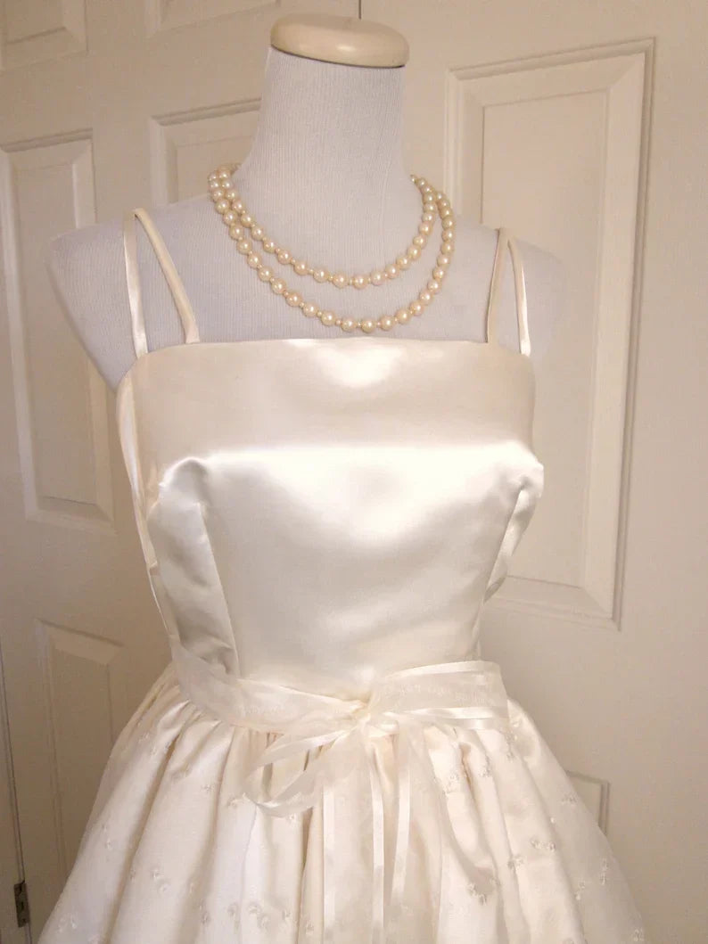 Cute Ivory Strappy Satin Lace Trim A-line Birthday Dress Homecoming Dress