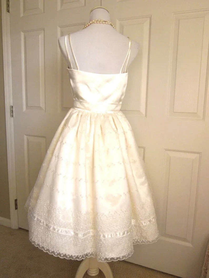 Cute Ivory Strappy Satin Lace Trim A-line Birthday Dress Homecoming Dress