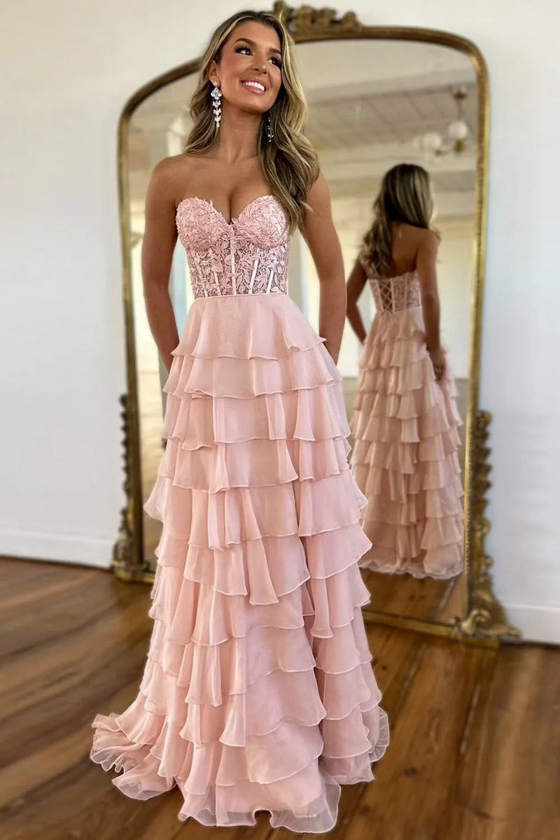 Cute Light Blue A-Line Sweetheart Lace Up Long Tiered Chiffon Prom Dress with Slit