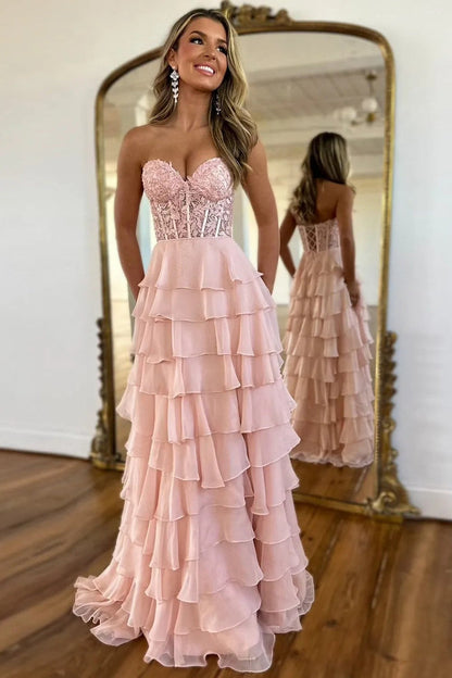 Cute Light Blue A-Line Sweetheart Lace Up Long Tiered Chiffon Prom Dress with Slit