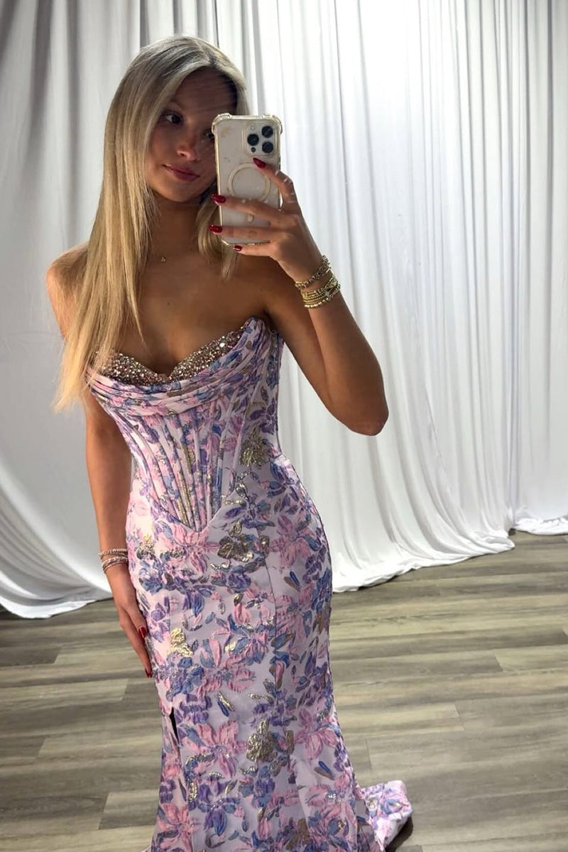 Cute Mermaid Lavender Jacquard Satin Prom Dress with Beading