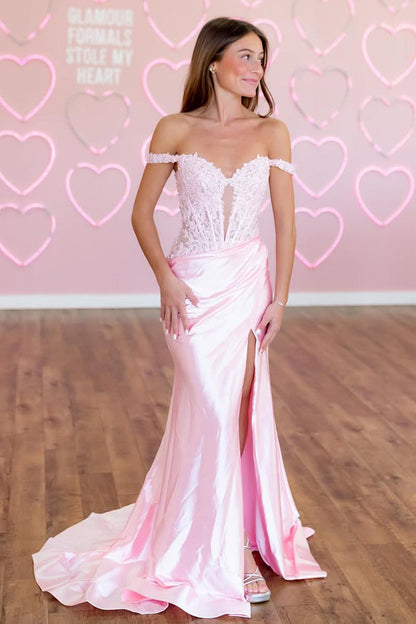 Cute Mermaid Off the Shoulder Pink Satin Long Prom Dress with Appliques