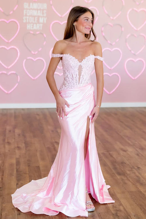 Cute Mermaid Off the Shoulder Pink Satin Long Prom Dress with Appliques