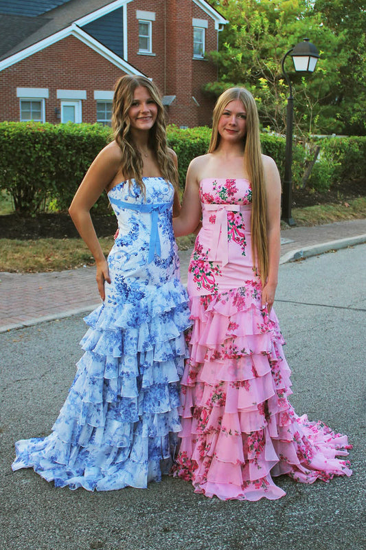 Cute Mermaid Strapless Floral Chiffon Tiered Prom Dress