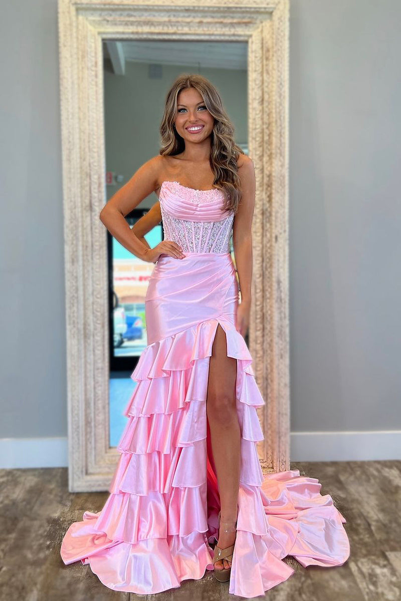 Cute Mermaid Strapless Pink Satin Slit Prom Dresses with Appliques
