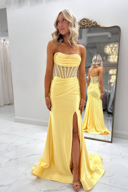 Cute Mermaid Strapless Satin Long Prom Dress with Hot Stone