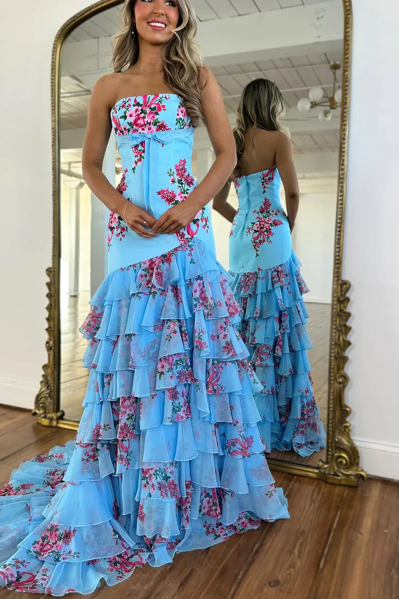 Cute Mermaid Sweetheart Blue White Floral Chiffon Prom Dress