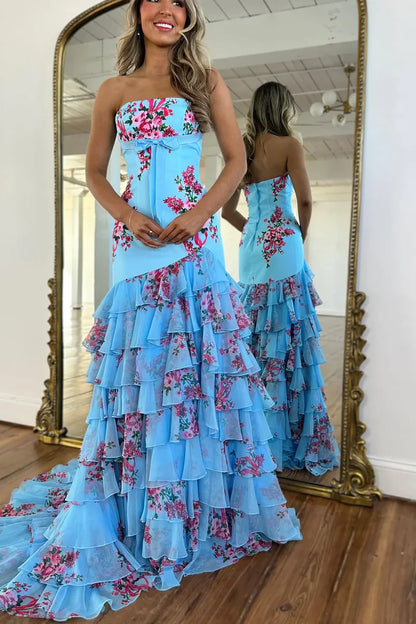 Cute Mermaid Sweetheart Blue White Floral Chiffon Prom Dress