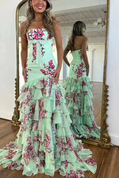 Cute Mermaid Sweetheart Blue White Floral Chiffon Prom Dress