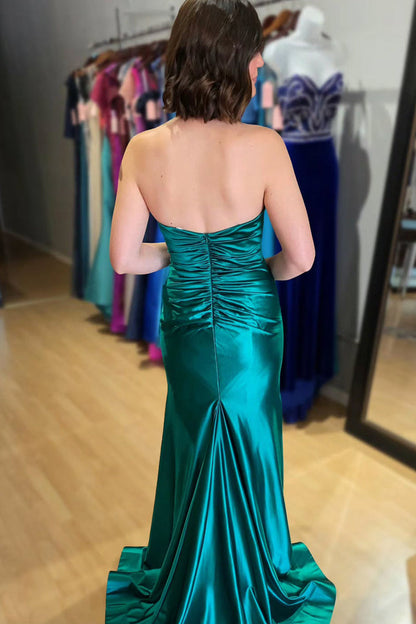 Cute Mermaid Sweetheart Keyhole Green Satin Prom Dress with Slit