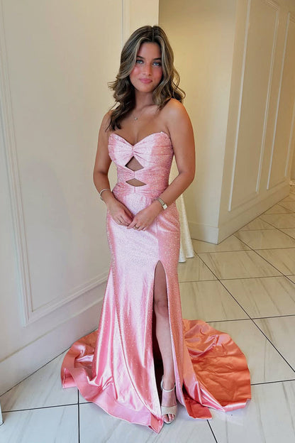 Cute Mermaid Sweetheart Keyhole Pink Satin Long Prom Dress with Sit