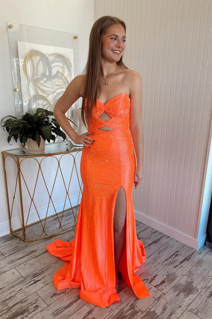 Cute Mermaid Sweetheart Keyhole Pink Satin Long Prom Dress with Sit