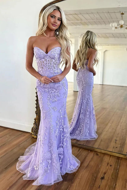 Cute Mermaid Sweetheart Light Blue Lace Long Prom Dresses