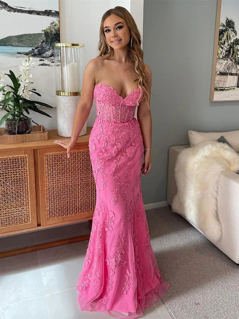 Cute Mermaid Sweetheart Light Blue Lace Long Prom Dresses