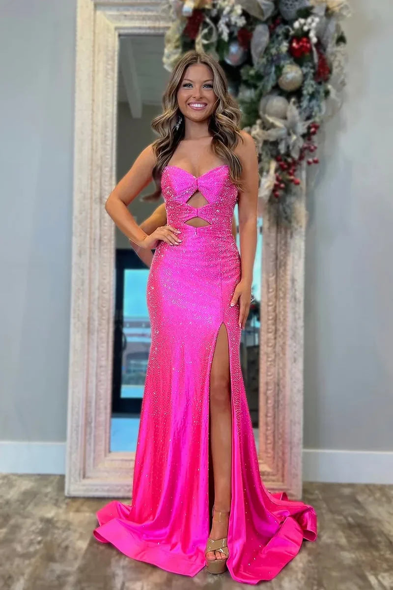 Cute Mermaid Sweetheart Pink Slit Prom Dress with Beading