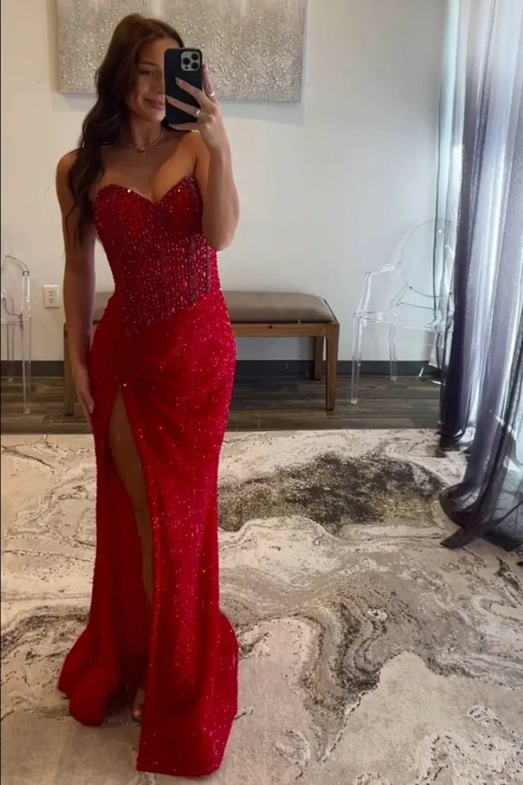 Cute Mermaid Sweetheart Sequins Slit Prom Dress with Beading