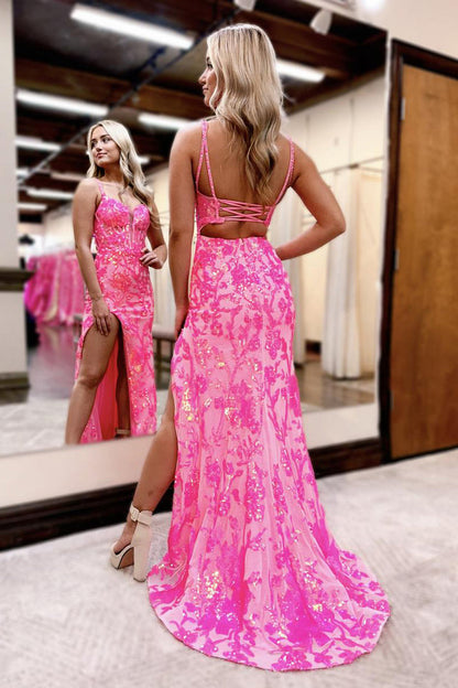 Cute Mermaid V Neck Pink Sequins Lace Slit Prom Dresses