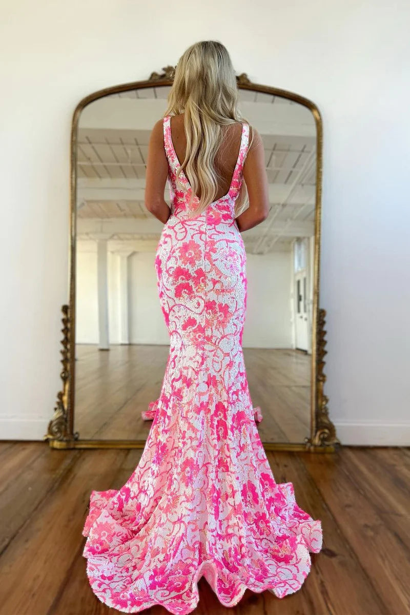 Cute Mermaid V Neck Sequins Lace Long Prom Dresses