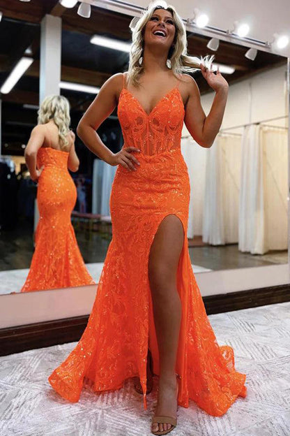 Cute Navy Blue V Neck Sequins Lace Mermaid Long Prom Dresses with Slit
