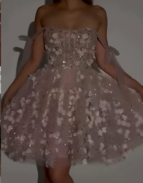 Cute Off-the-shoulder A-Line Tulle Applique Short Prom Dresses, Pale Pink Homecoming Dresses