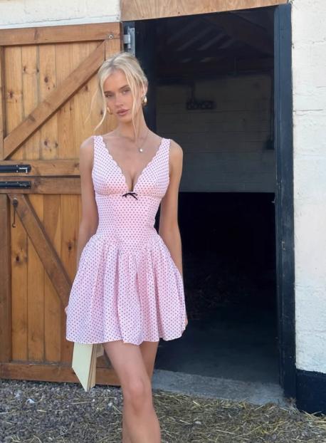 Cute Pink Deep V Polka Dot A-line Birthday Dress Homecoming Dress