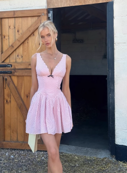 Cute Pink Deep V Polka Dot A-line Birthday Dress Homecoming Dress
