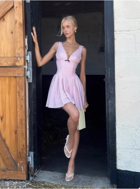 Cute Pink Deep V Polka Dot A-line Birthday Dress Homecoming Dress