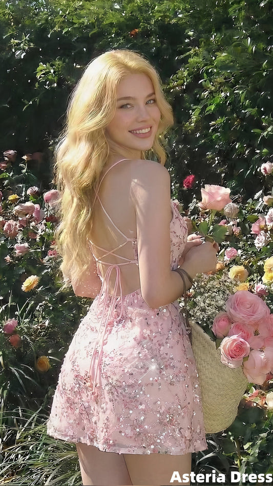 Cute Pink Lace Sequin Beaded Homecoming Dress Mini Birthday Dresses For Women
